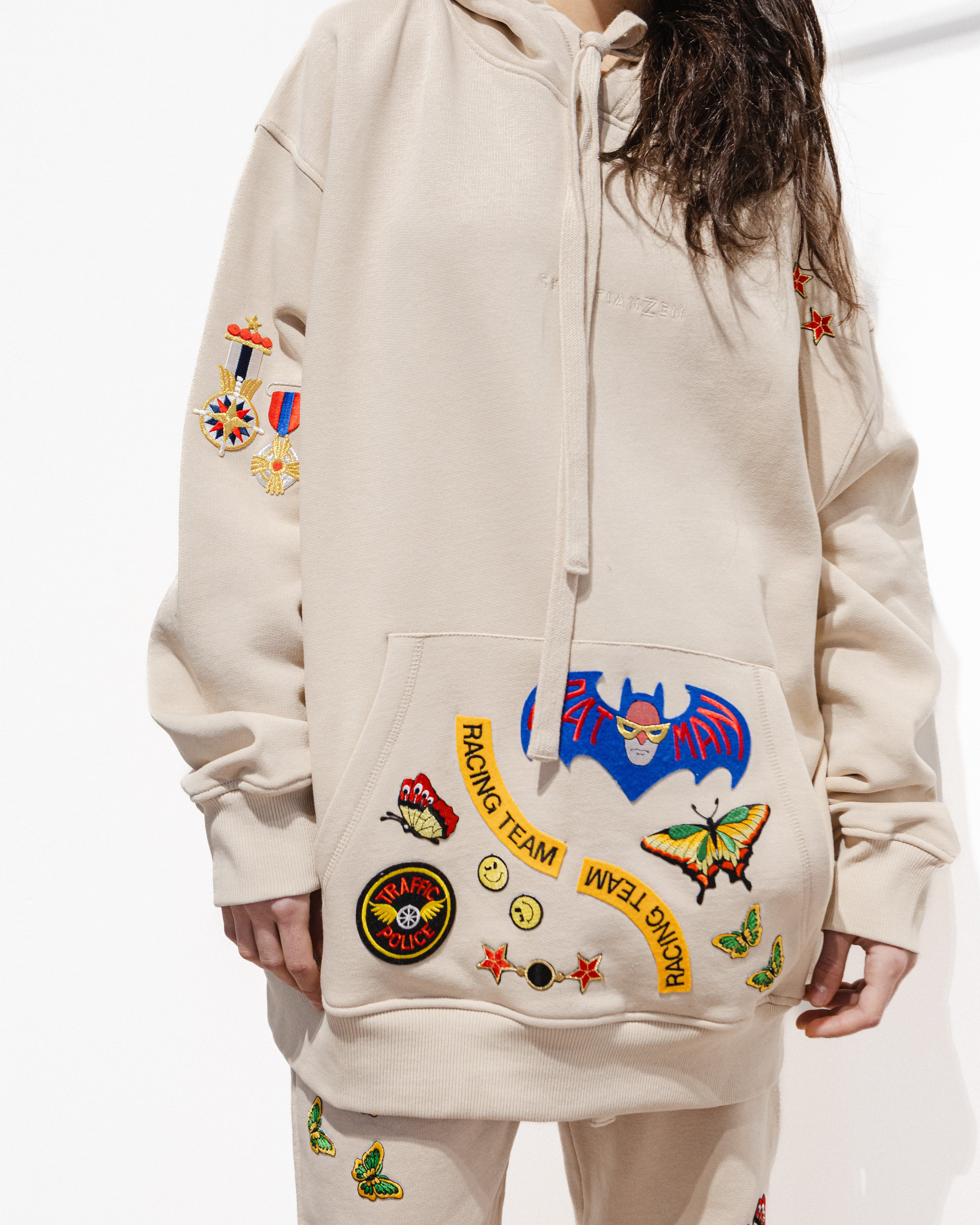 Organic Cotton Embroidered Hoodie with Patches Beige