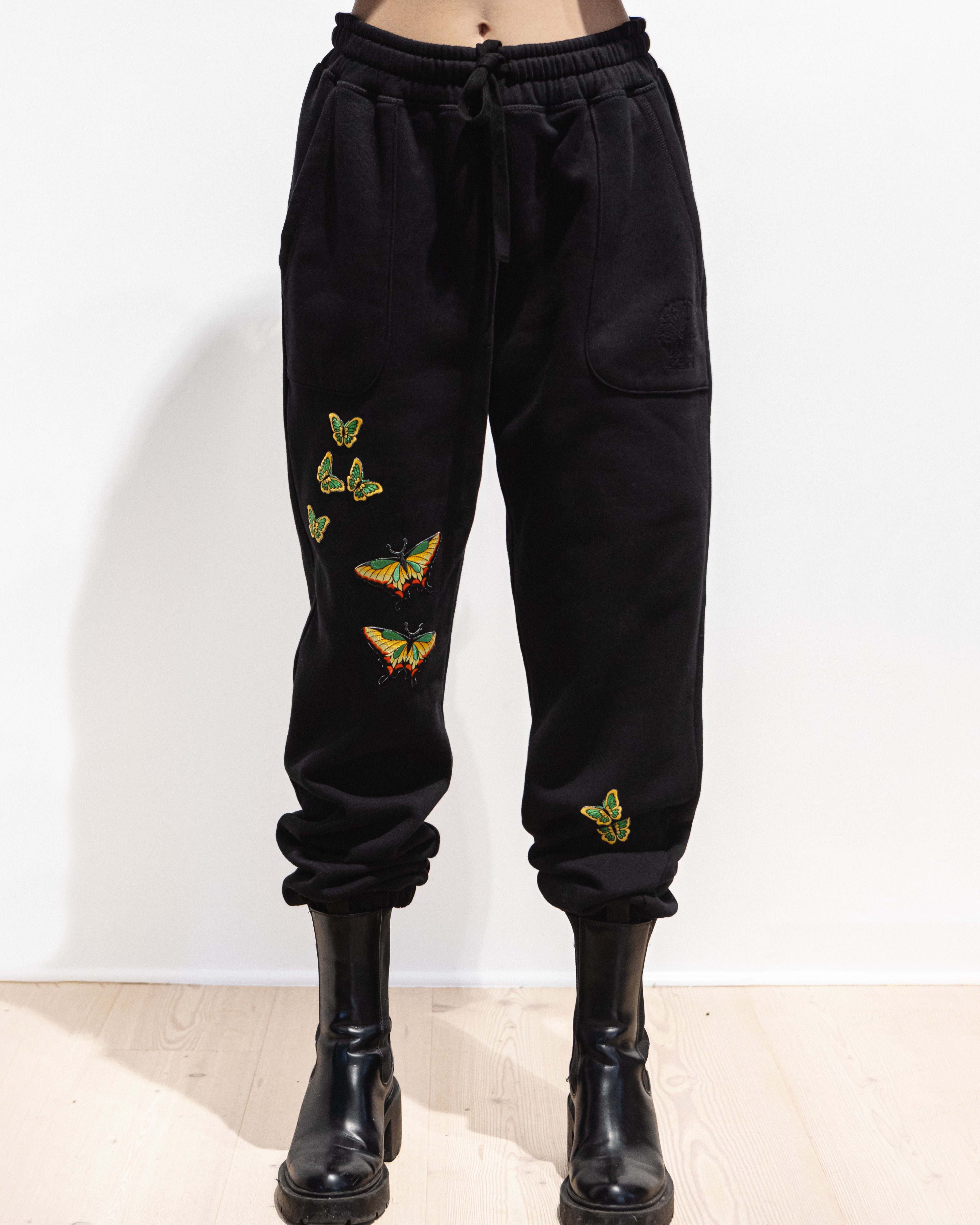 Organic Cotton Embroidered Pants with Patches Black