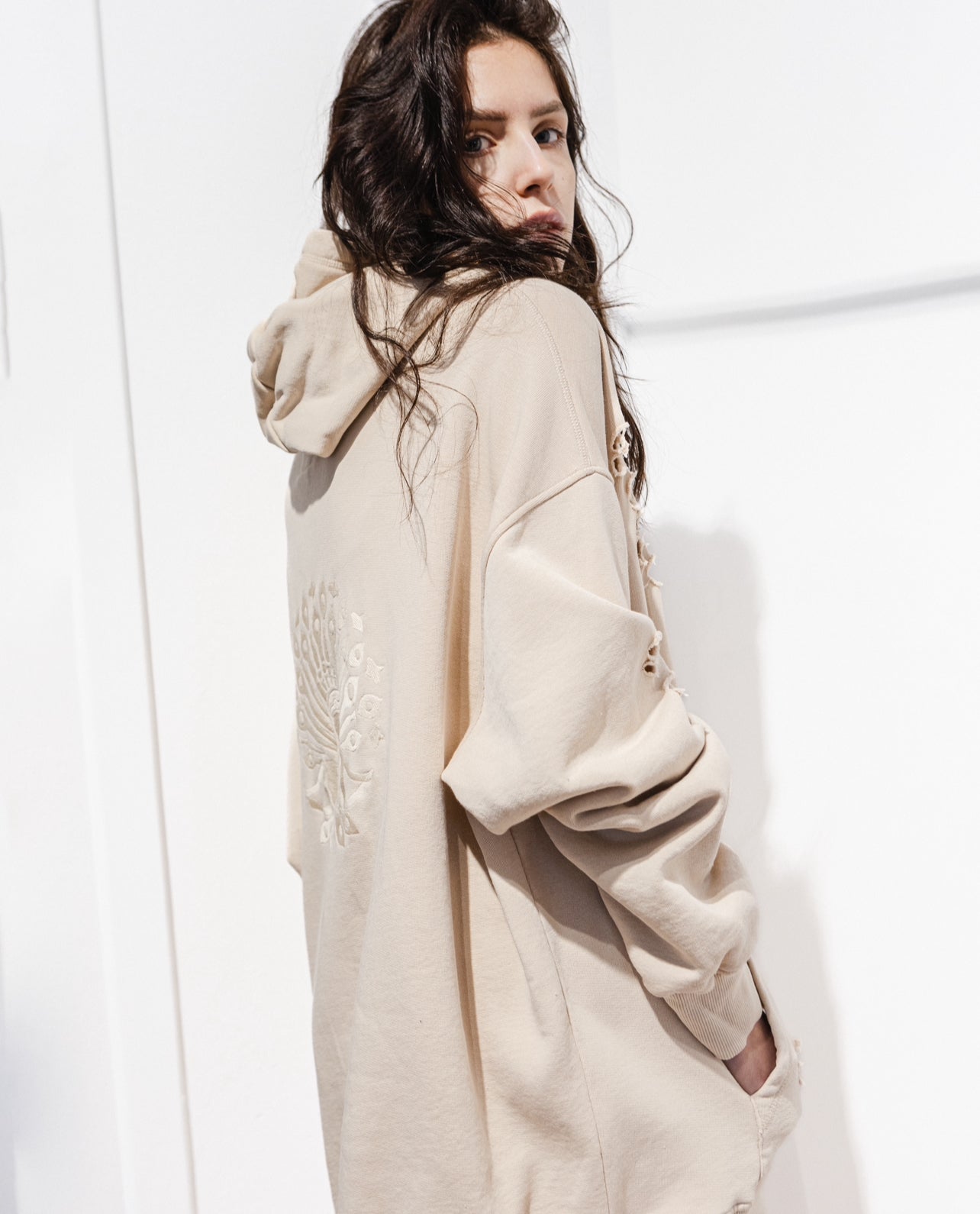 Organic Cotton Distressed Embroidered Hoodie