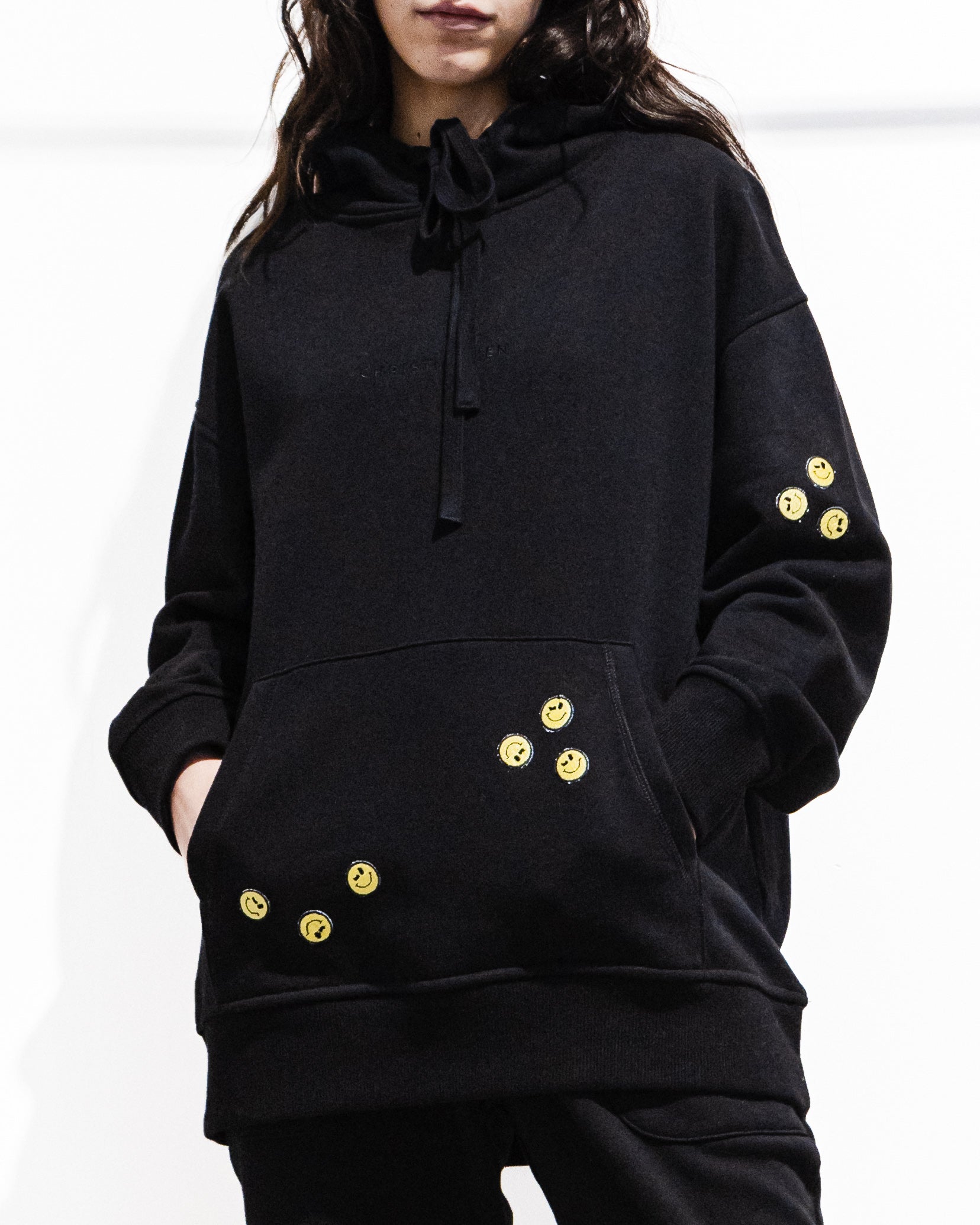 Organic Cotton Embroidered Hoodie with Patches Black