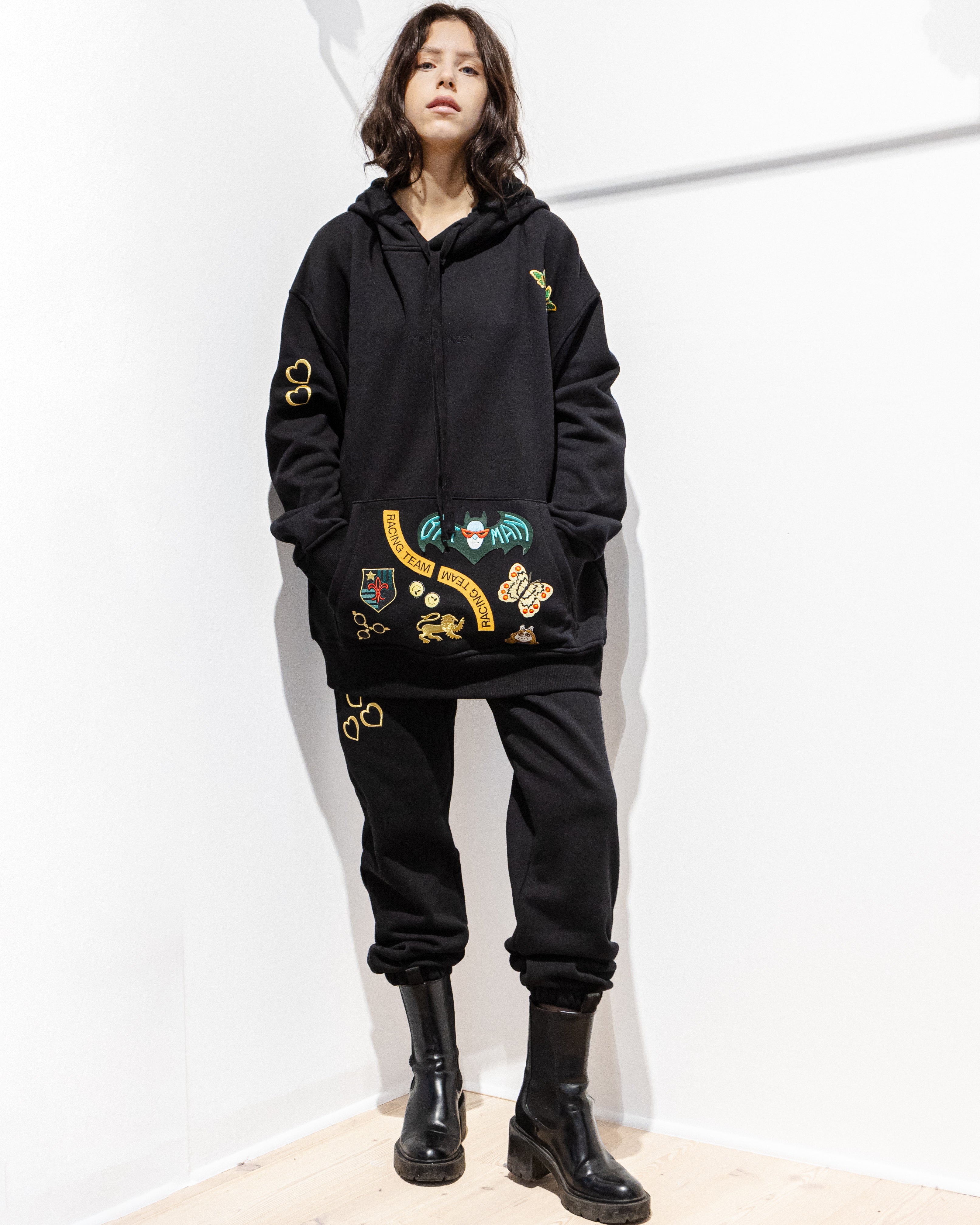 Organic Cotton Embroidered Pants with Patches Black