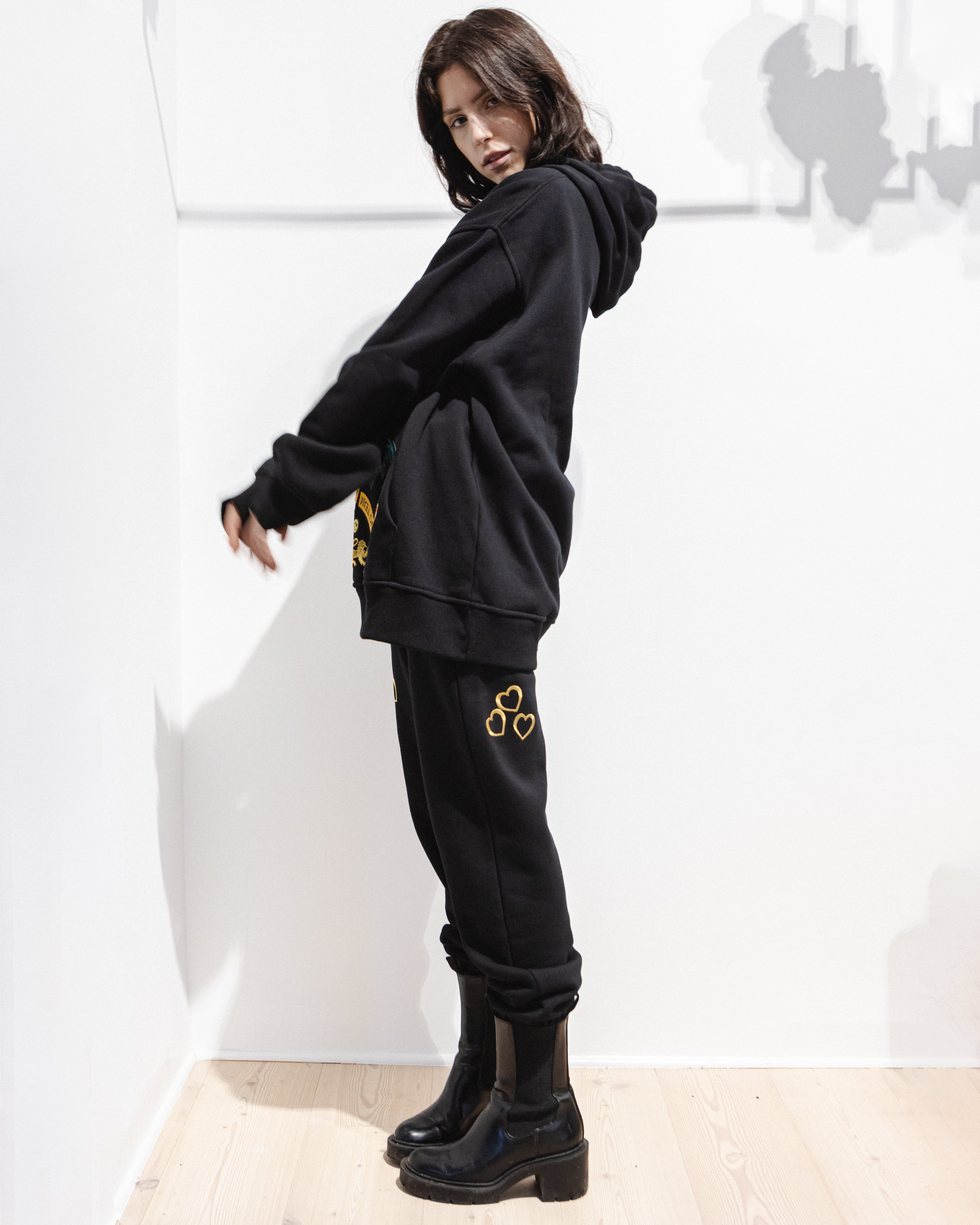 Organic Cotton Embroidered Pants with Patches Black