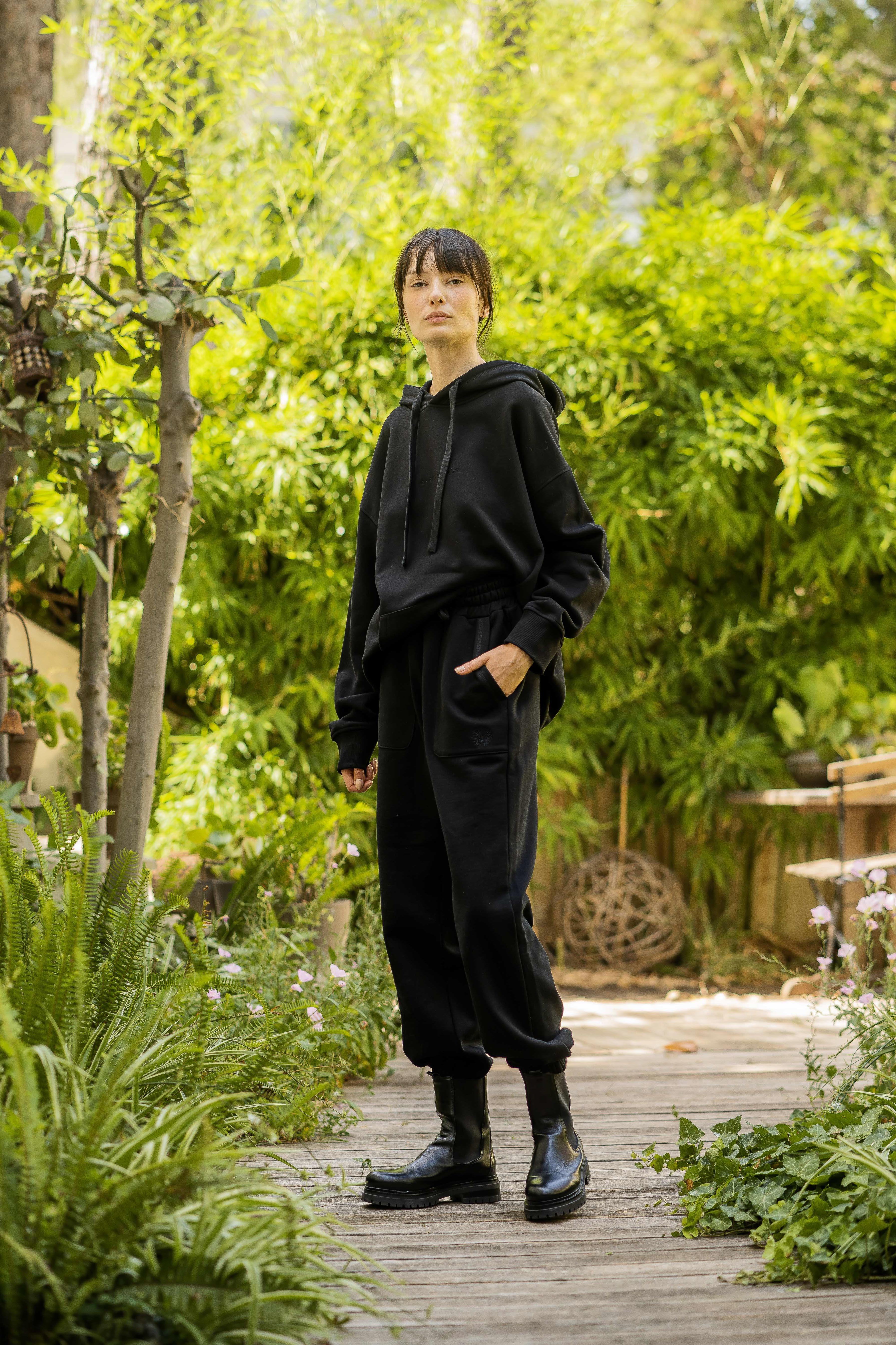 Organic Cotton Embroidered Logo Pants Black