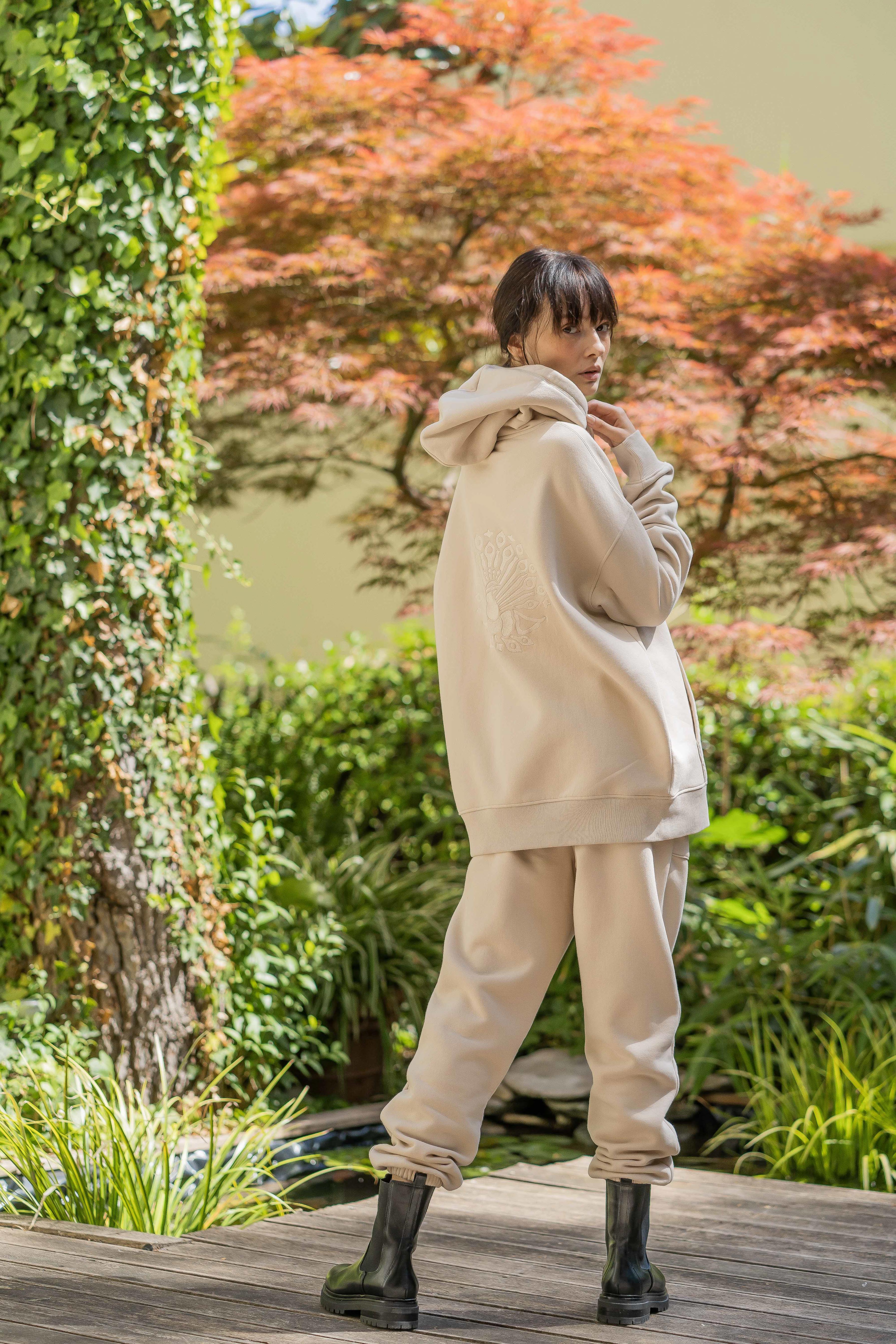 Organic Cotton Embroidered Hoodie Beige