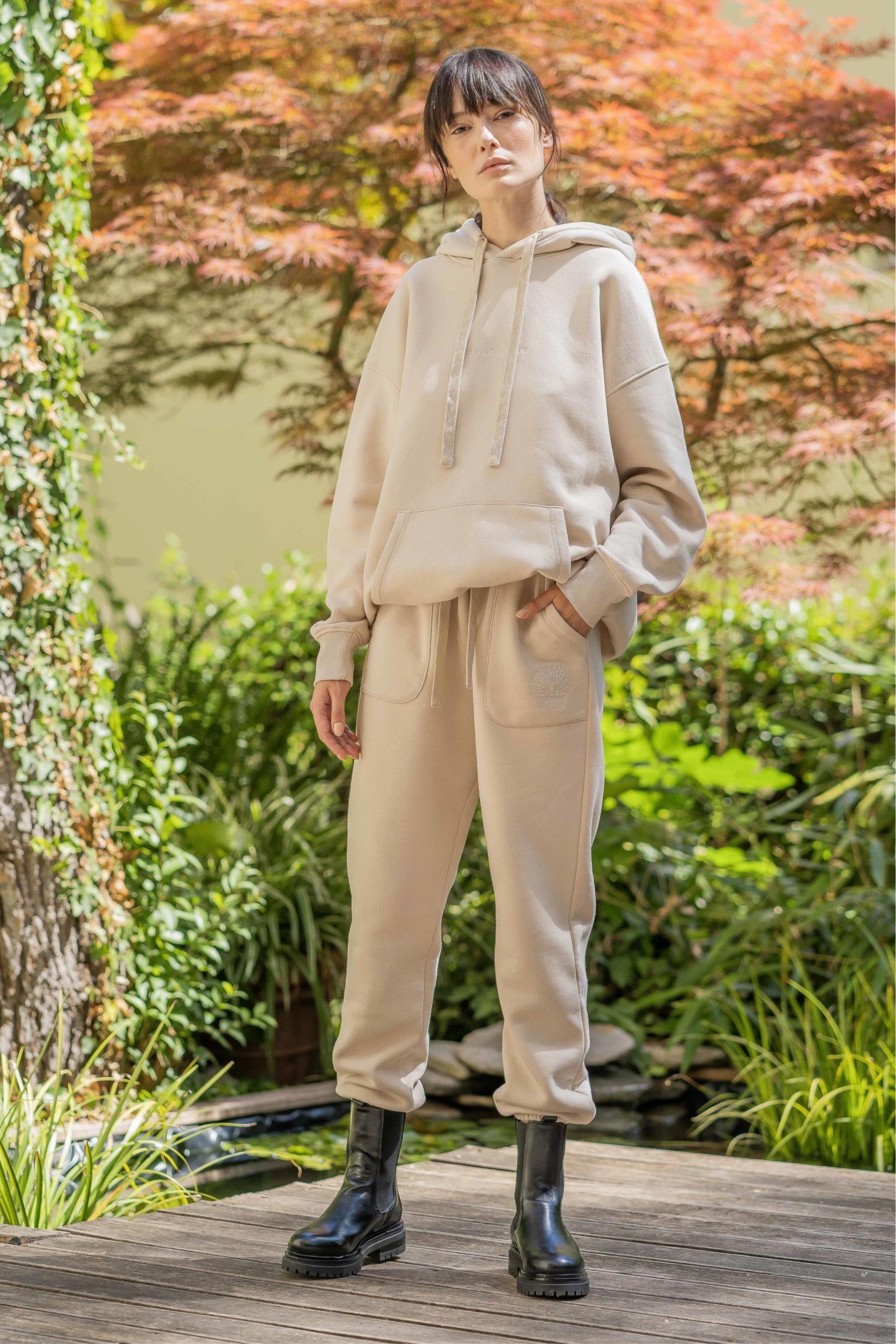 Organic Cotton Embroidered Logo Pants Beige