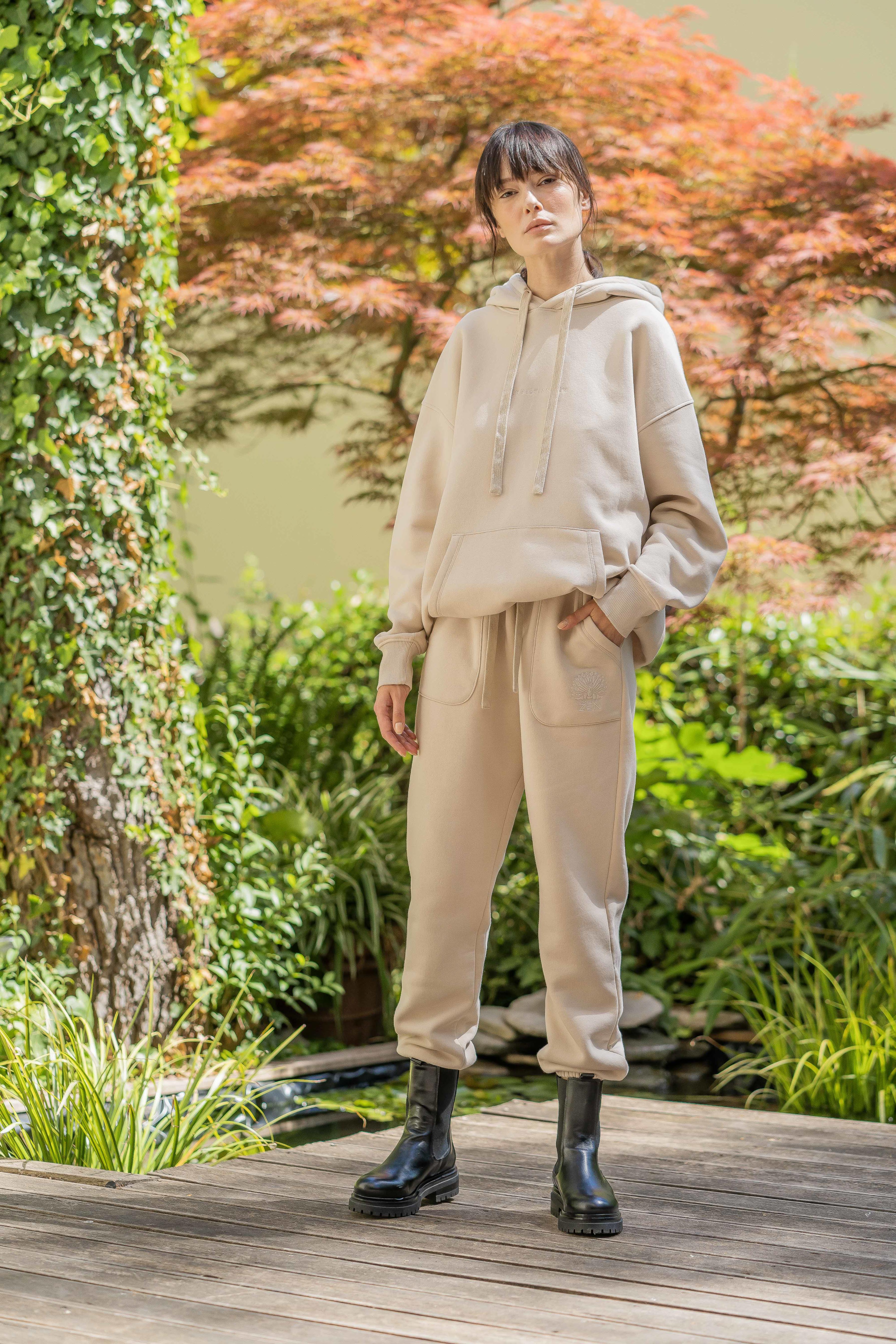 Organic Cotton Embroidered Hoodie Beige