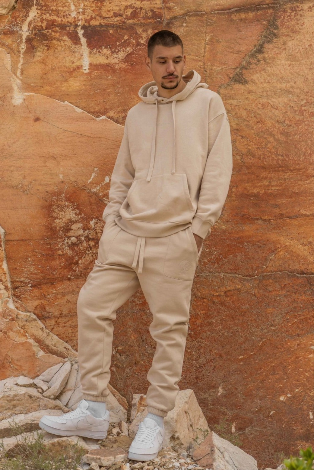 Organic Cotton Embroidered Hoodie Beige