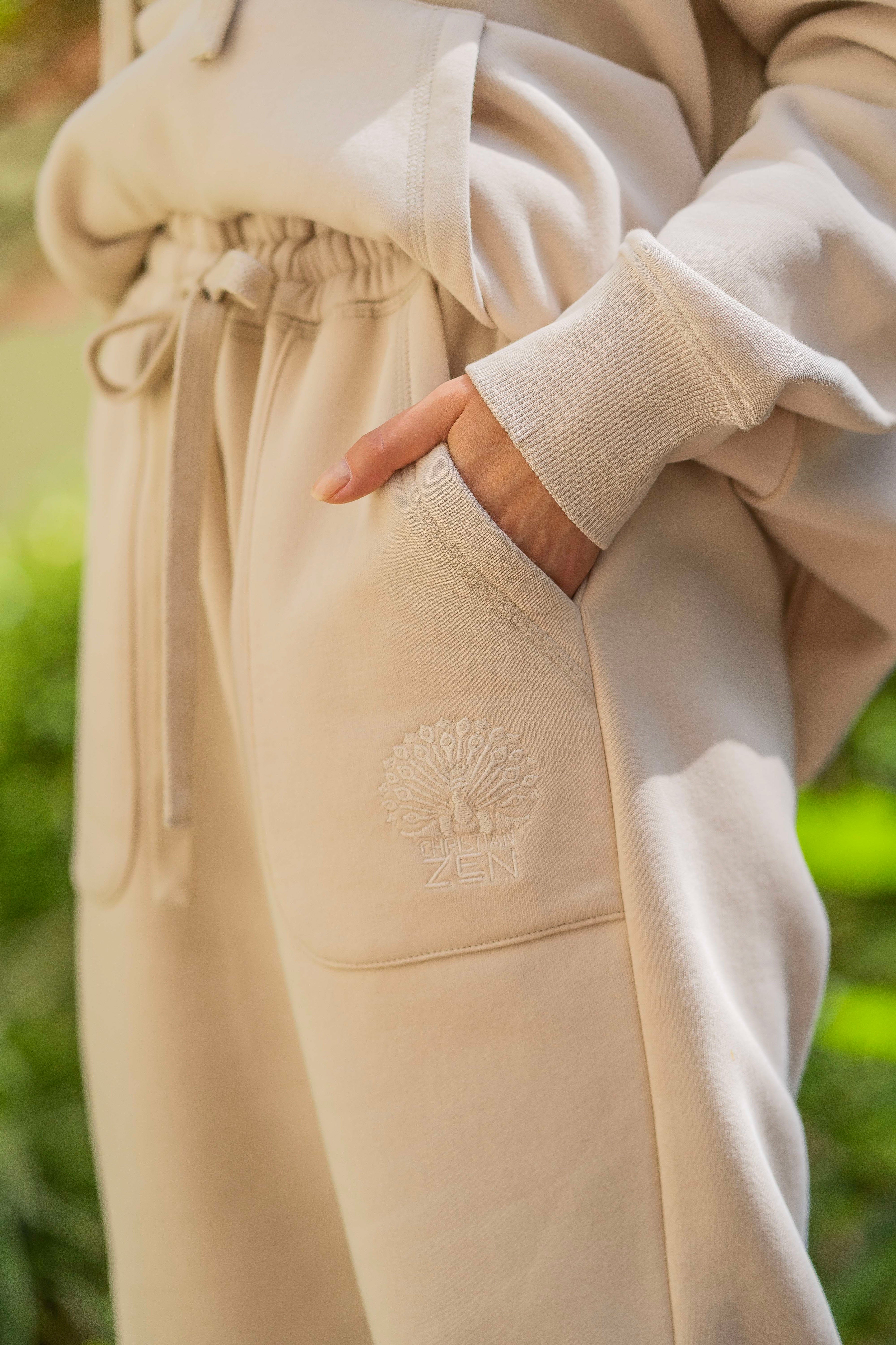 Organic Cotton Embroidered Logo Pants Beige