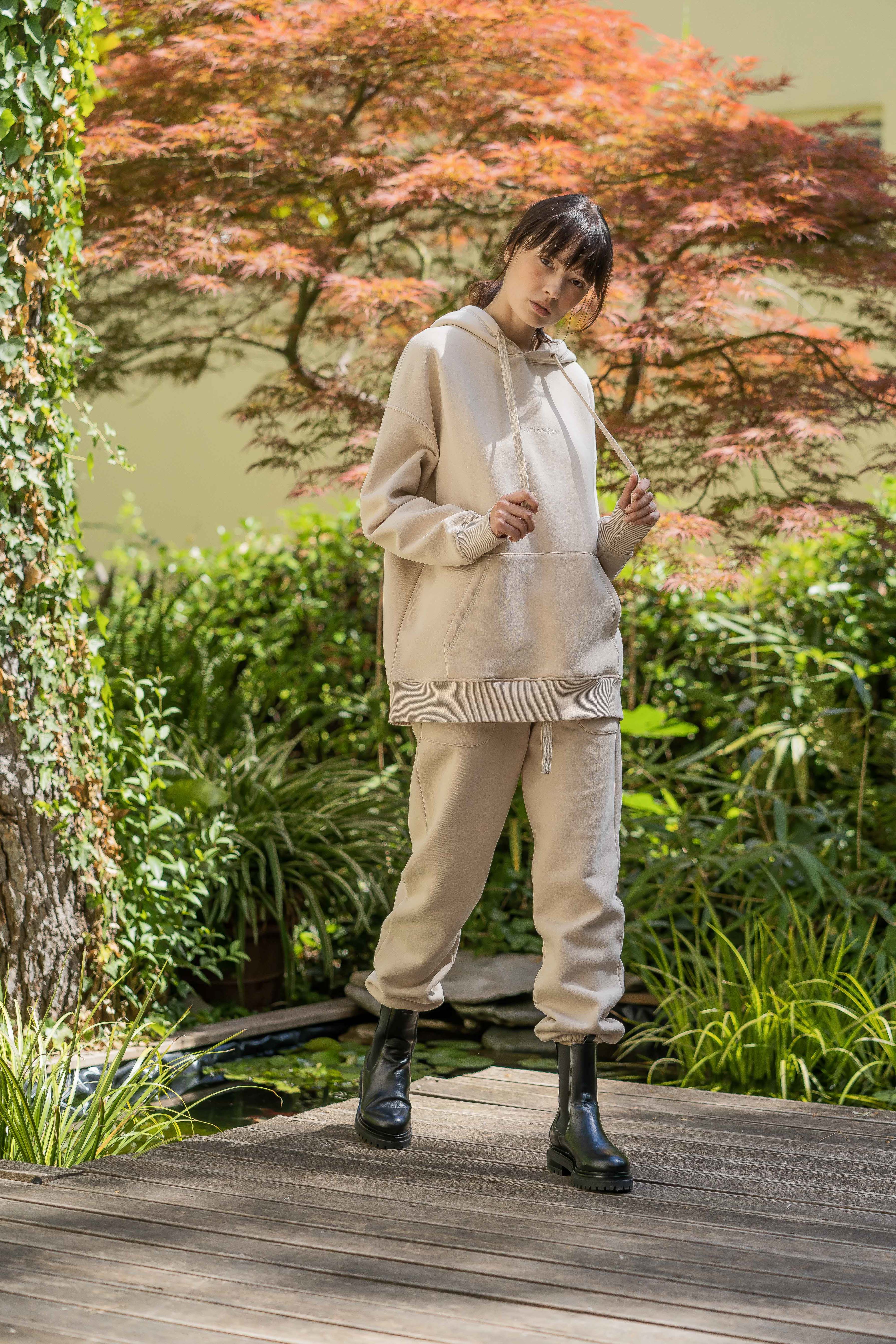 Organic Cotton Embroidered Hoodie Beige