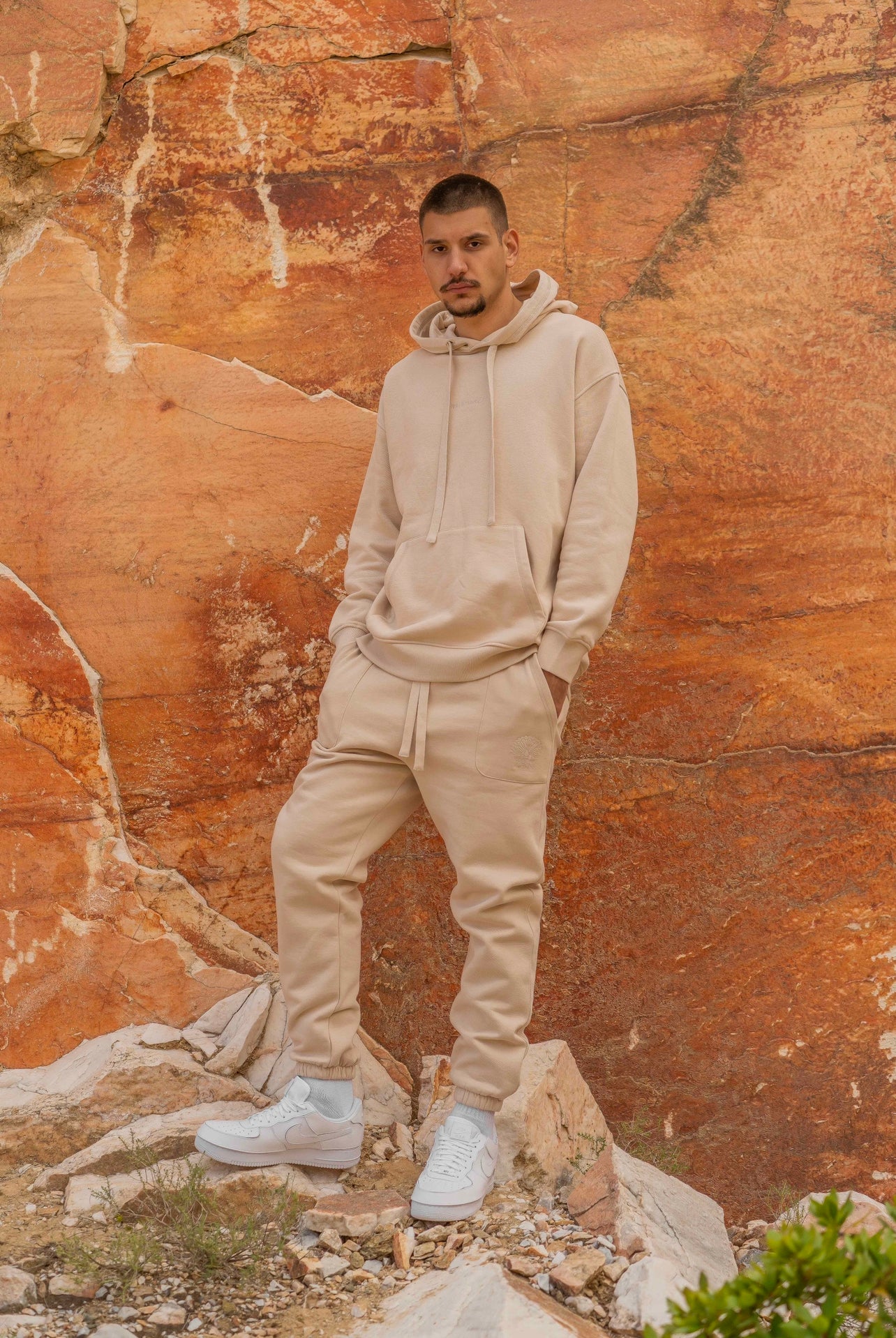 Organic Cotton Embroidered Logo Pants Beige