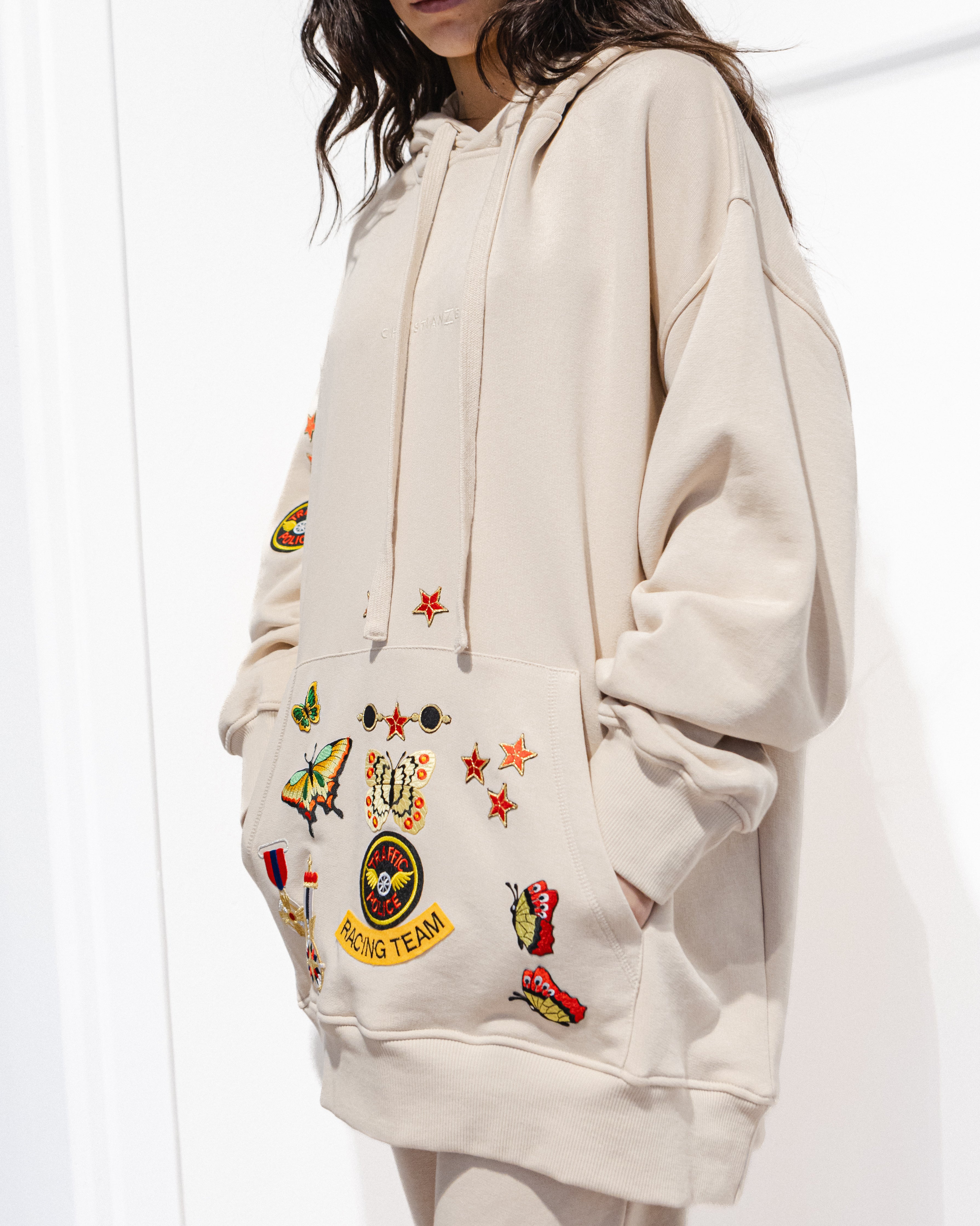 Organic Cotton Embroidered Hoodie with Patches Beige