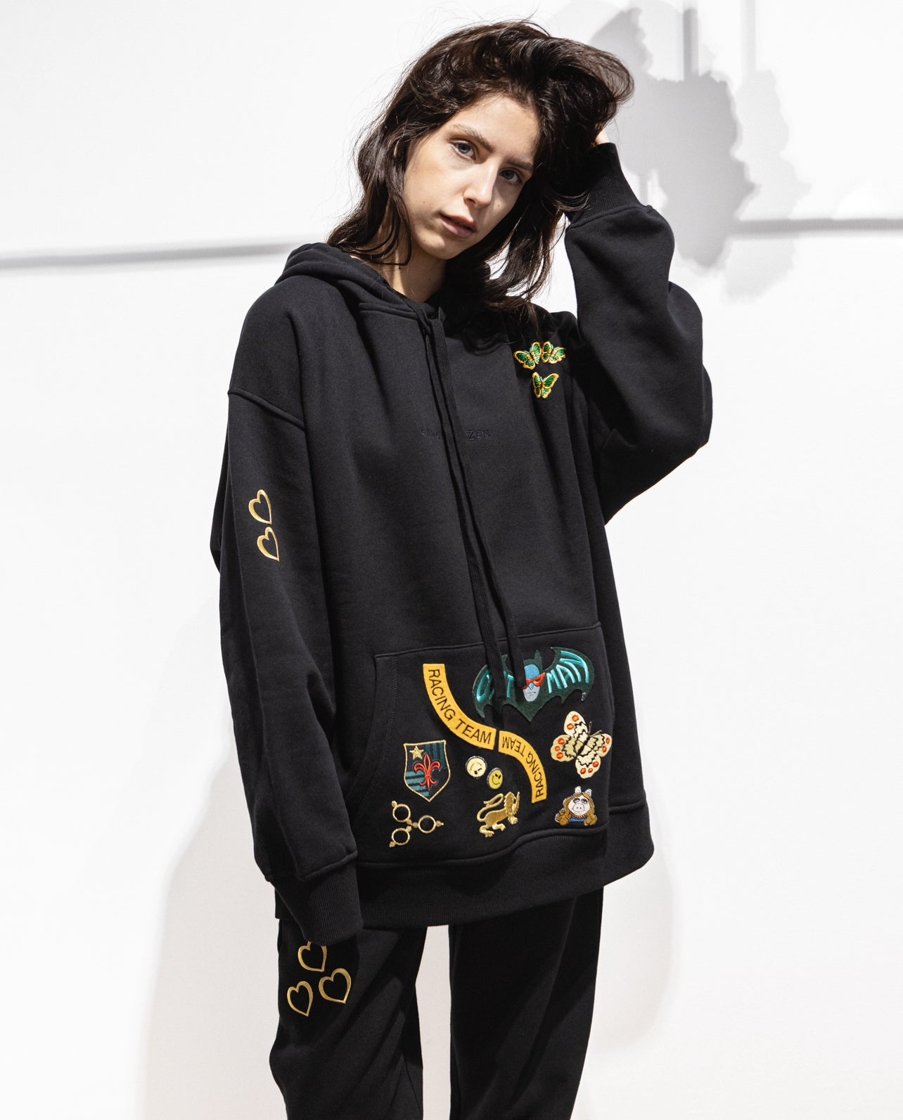 Organic Cotton Embroidered Hoodie with Patches Black