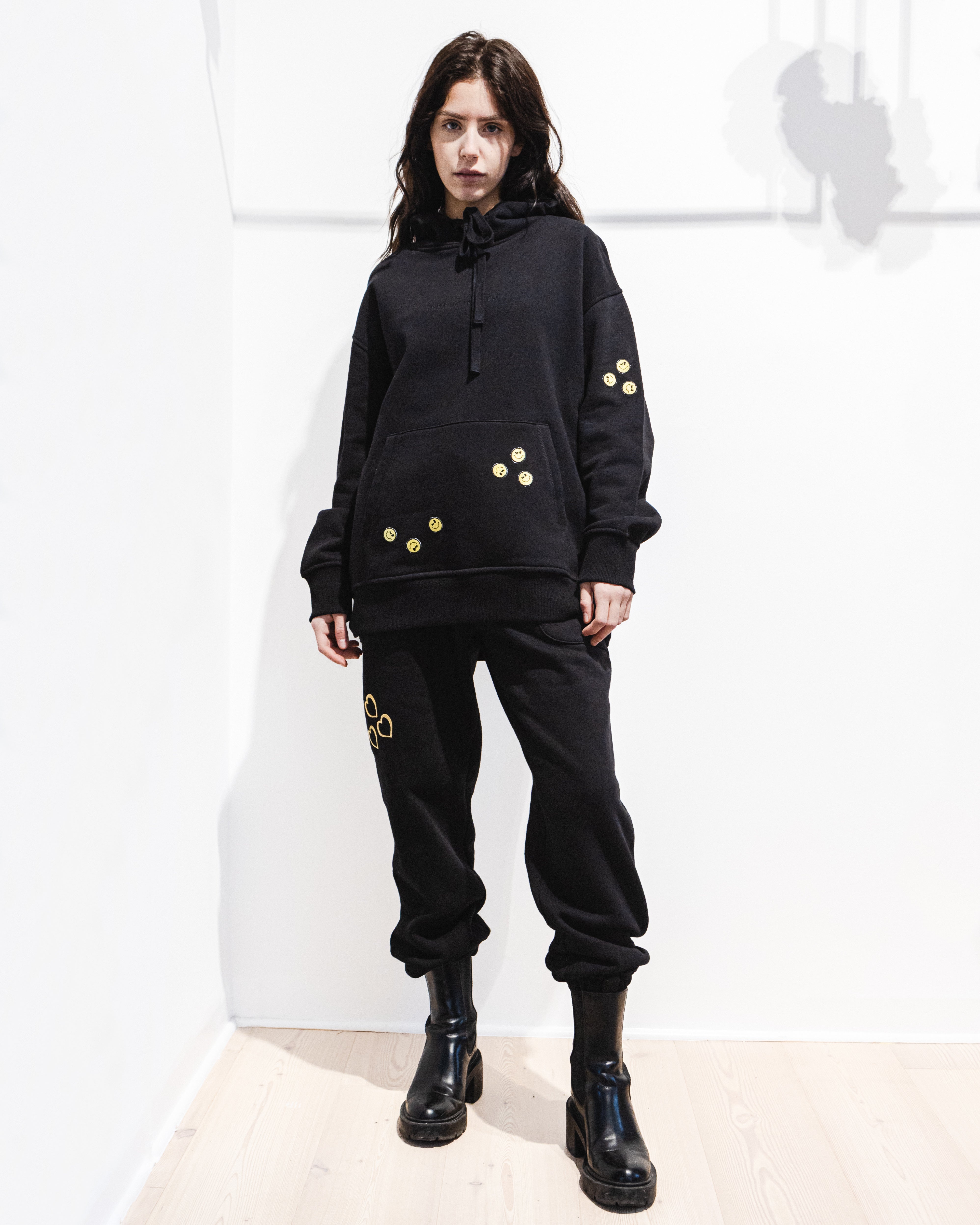Organic Cotton Embroidered Hoodie with Patches Black