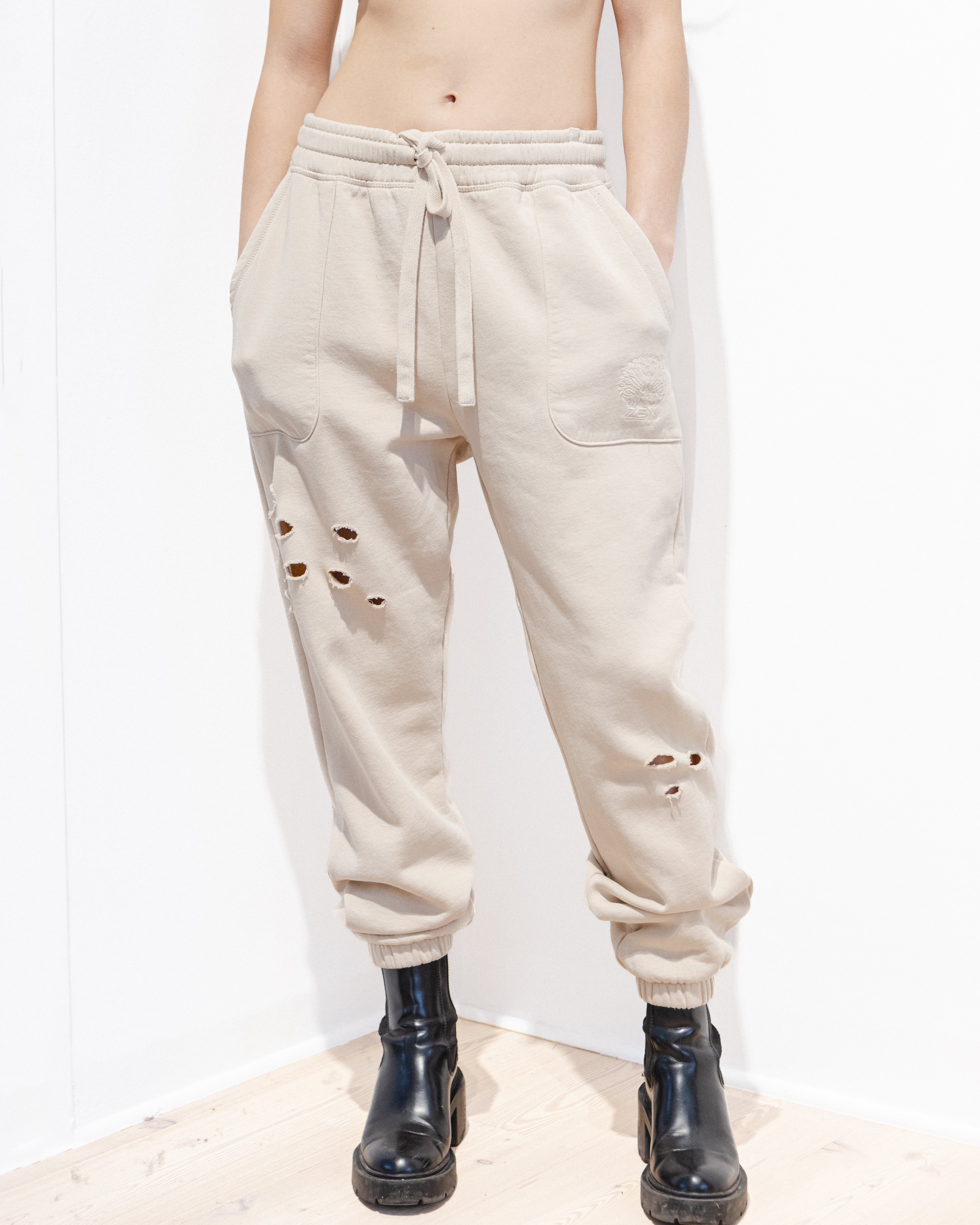 Organic Cotton Distressed Embroidered Pants