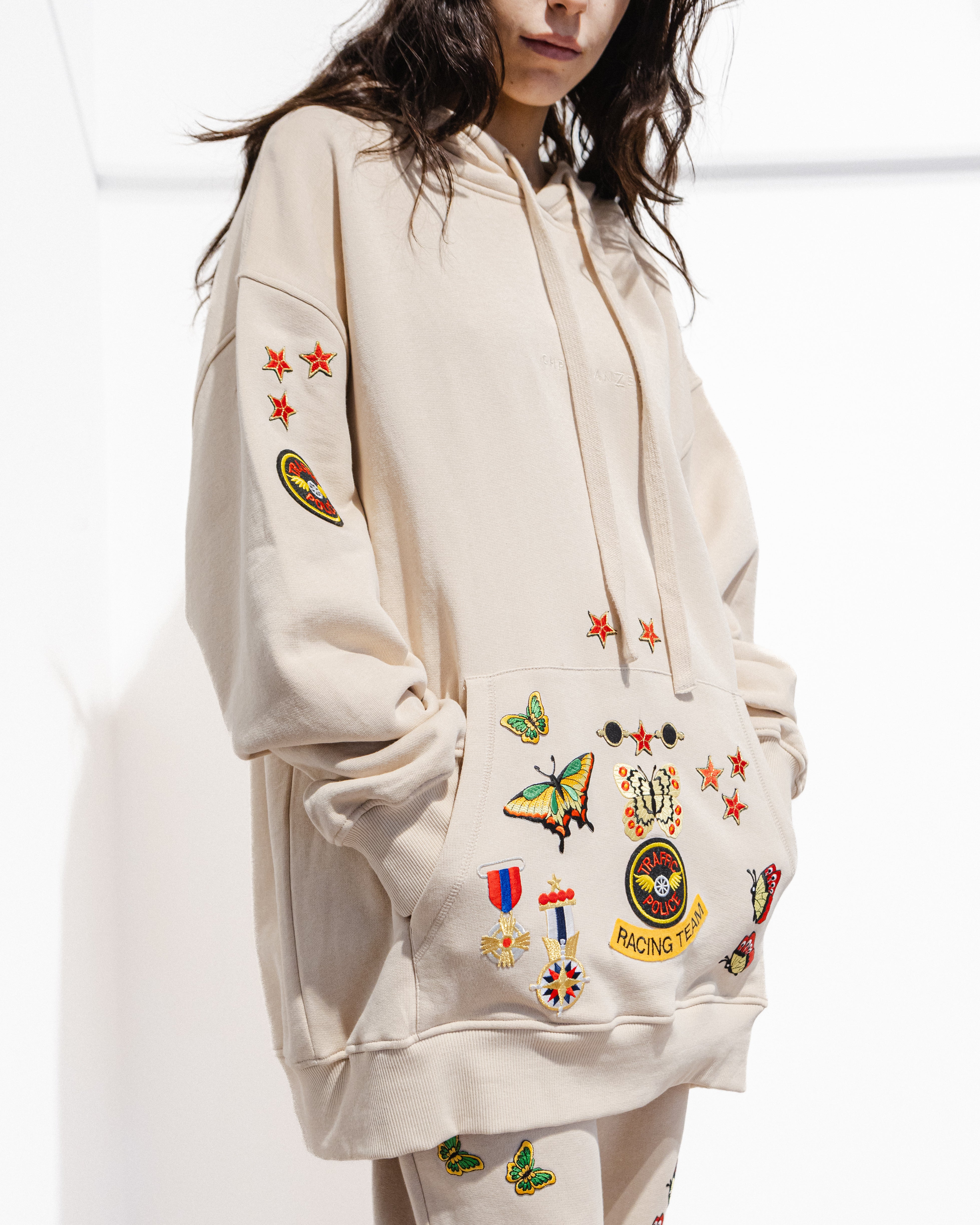 Organic Cotton Embroidered Hoodie with Patches Beige
