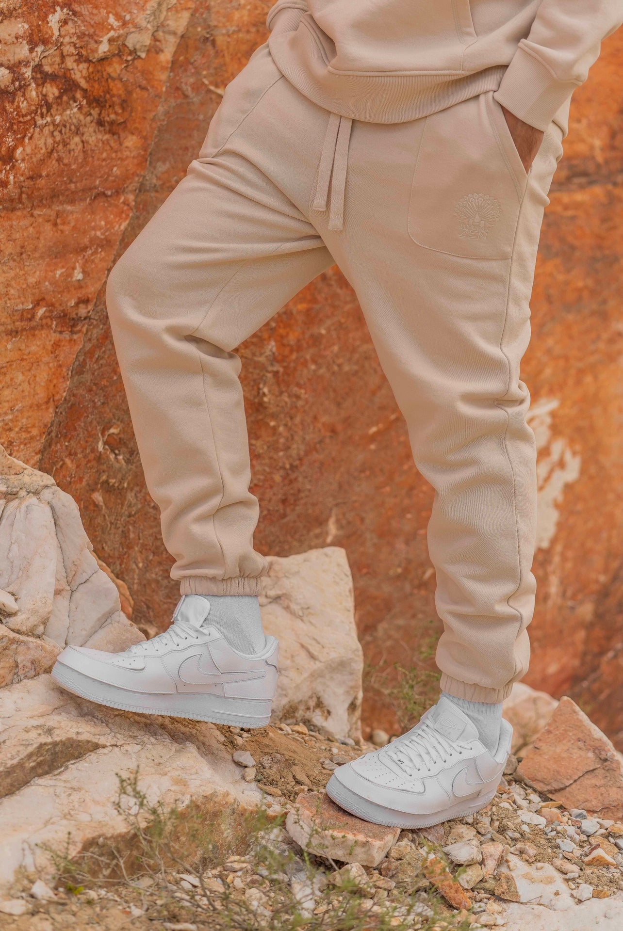 Organic Cotton Embroidered Logo Pants Beige